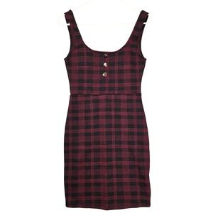 Haley & June Maroon Black Plaid Sleeveless Bodycon Tartan Y2K  Style Gold Button